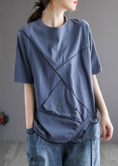 French Yellow Asymmetrical Design Hole Summer Patchwork Cotton Half Sleeve - SooLinen