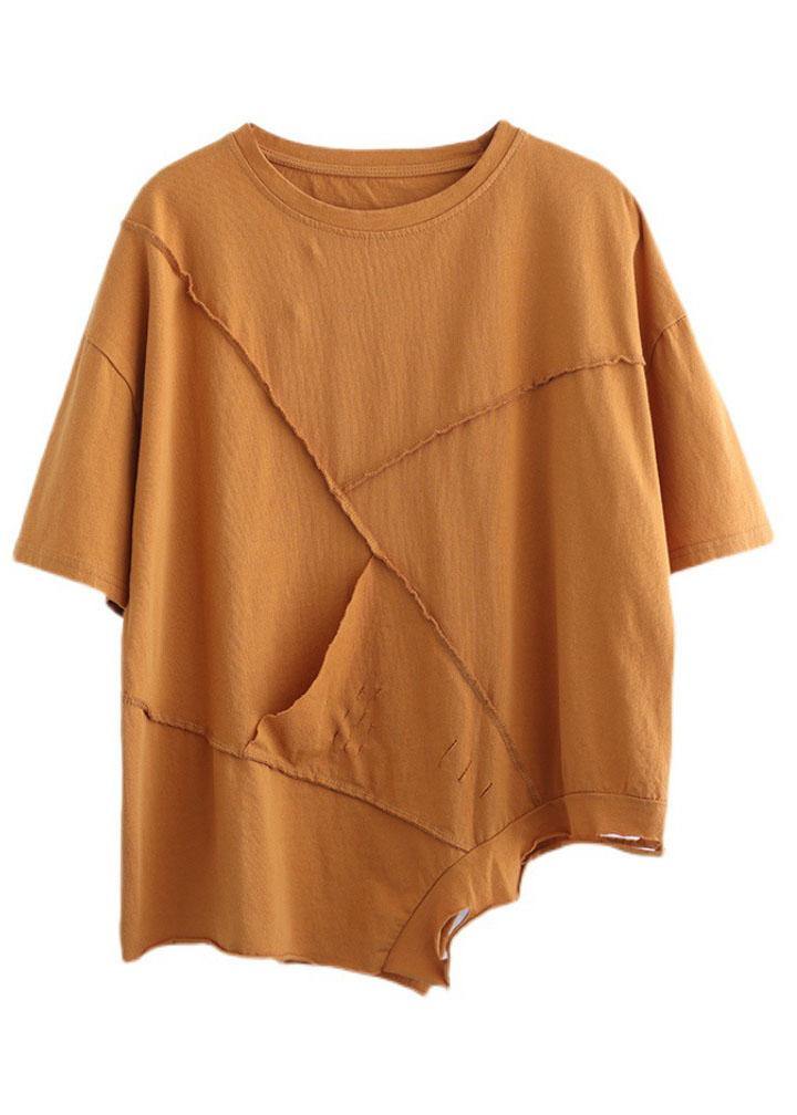 French Yellow Asymmetrical Design Hole Summer Patchwork Cotton Half Sleeve - SooLinen