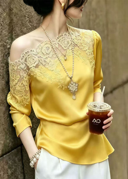 French Yellow Asymmetrical Patchwork Lace Blouses Summer