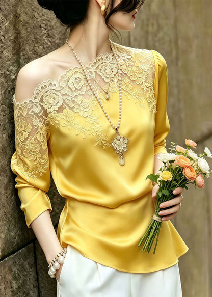 French Yellow Asymmetrical Patchwork Lace Blouses Summer