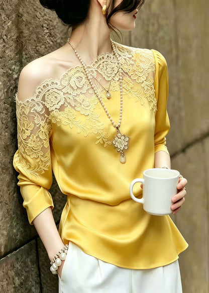 French Yellow Asymmetrical Patchwork Lace Blouses Summer