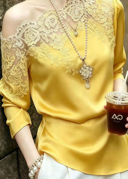 French Yellow Asymmetrical Patchwork Lace Blouses Summer