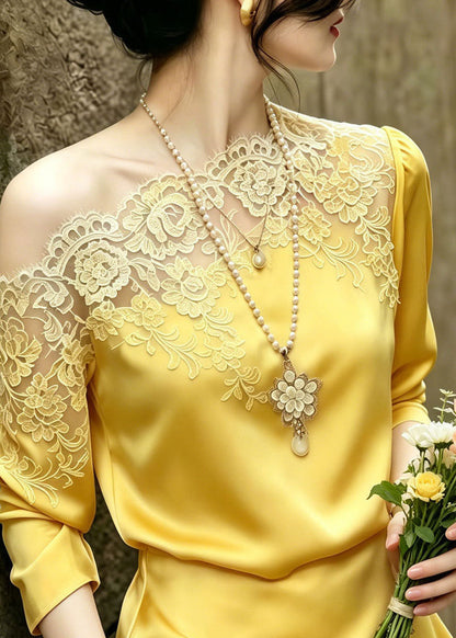 French Yellow Asymmetrical Patchwork Lace Blouses Summer