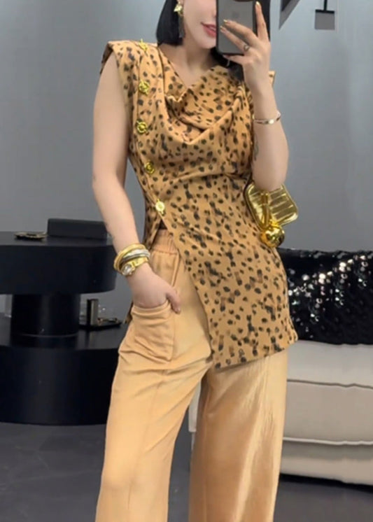 Französisches gelbes asymmetrisches Drucktaschen-Baumwoll-Zweiteiler-Set ärmellos