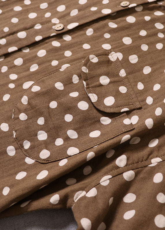 Französisches gelbbraunes Knopf-Punkt-Druck-Baumwollkleid Frühling