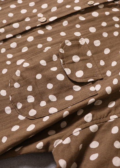 Französisches gelbbraunes Knopf-Punkt-Druck-Baumwollkleid Frühling