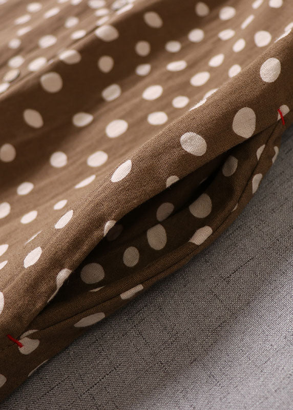 Französisches gelbbraunes Knopf-Punkt-Druck-Baumwollkleid Frühling