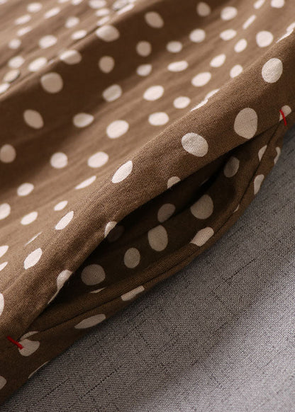 Französisches gelbbraunes Knopf-Punkt-Druck-Baumwollkleid Frühling