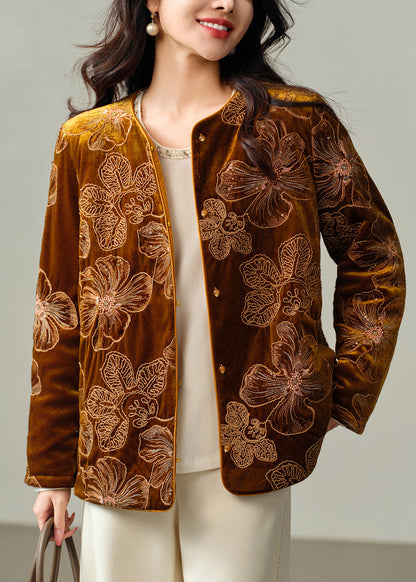 Französische gelbe bestickte feine Baumwoll-Seidensamtjacke mit Stickerei, gefüllt mit Seide, Winter