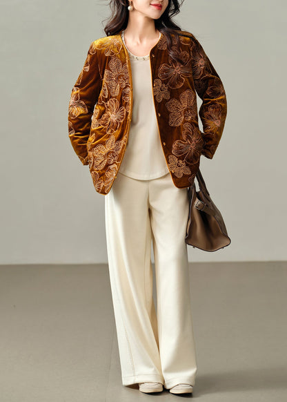 Französische gelbe bestickte feine Baumwoll-Seidensamtjacke mit Stickerei, gefüllt mit Seide, Winter