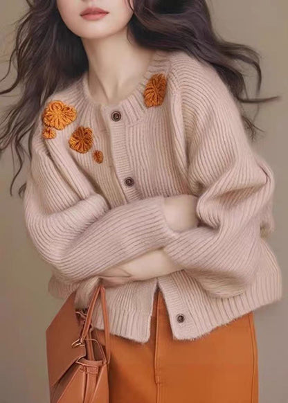 Französischer gelber dicker Strickcardigan mit Blumenmuster für den Winter