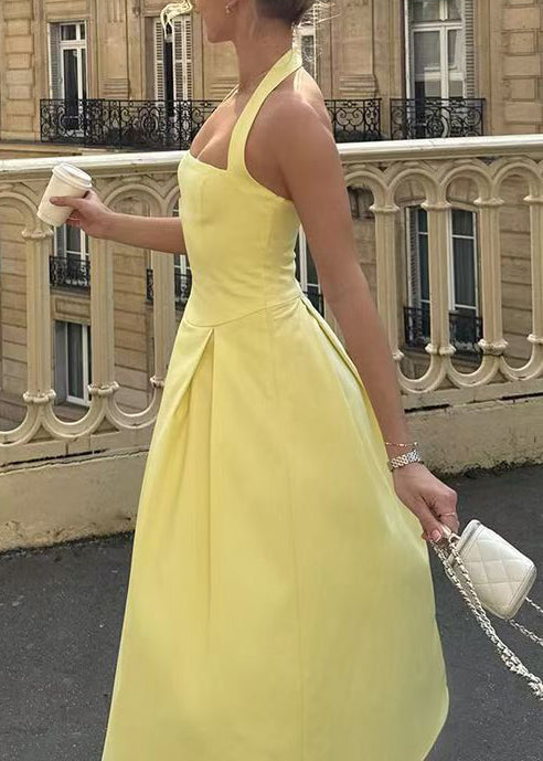 French Yellow Halter Backless Cotton Dresses Summer