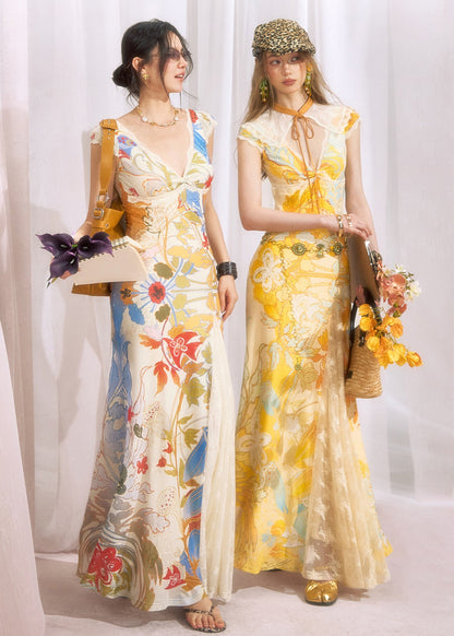 French Yellow Lace Embroidered Patchwork Tulle Dresses Set Summer