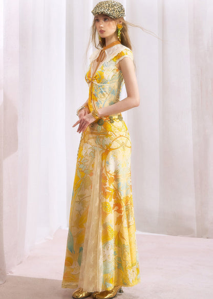 French Yellow Lace Embroidered Patchwork Tulle Dresses Set Summer