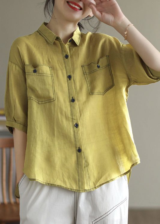 Camisa de algodón con cuello Peter Pan amarillo francés y patchwork para verano