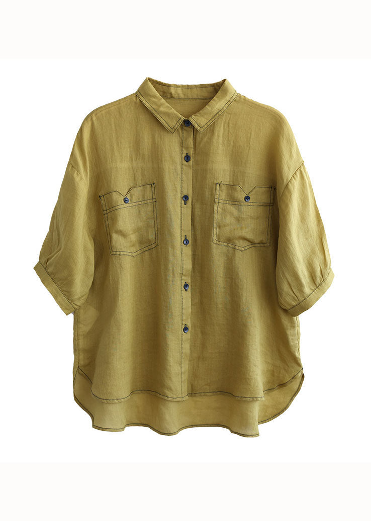 Camisa de algodón con cuello Peter Pan amarillo francés y patchwork para verano