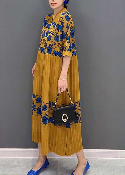 Französisches gelbes Peter-Pan-Kragen-Print-Strick-Patchwork-Maxikleid mit halben Ärmeln
