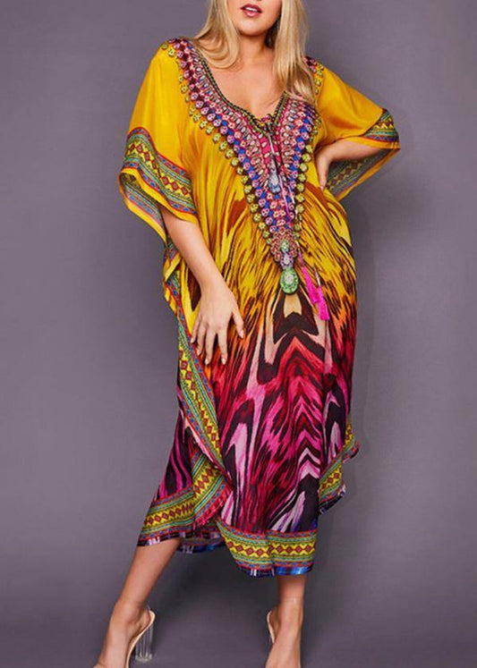 French Yellow Print Beach Gown Summer Dress - SooLinen