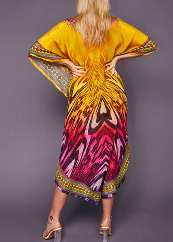 French Yellow Print Beach Gown Summer Dress - SooLinen