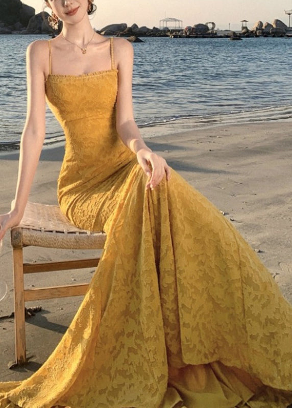 French Yellow Print Maxi Spaghetti Strap Fishtail Dress Sleeveless