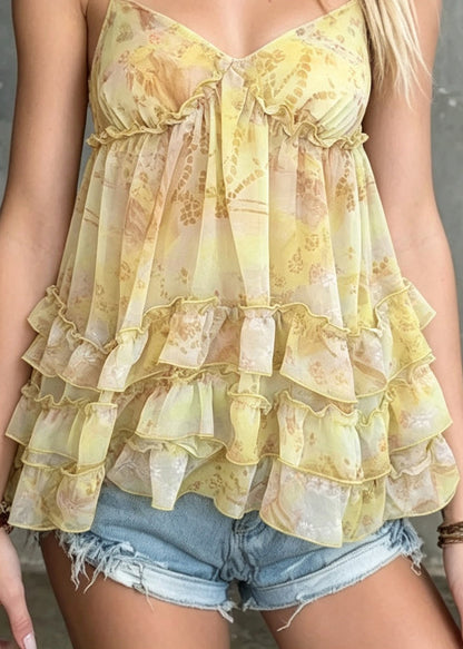 French Yellow Ruffled Patchwork Cotton Spaghetti Strap Top Summer