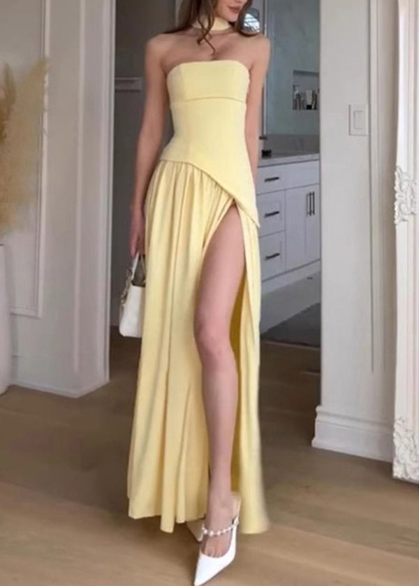 French Yellow Side Open Patchwork Strapless Dress Summer
