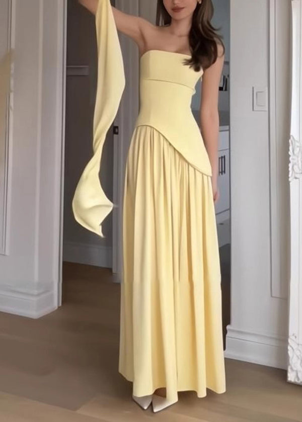 French Yellow Side Open Patchwork Strapless Dress Summer