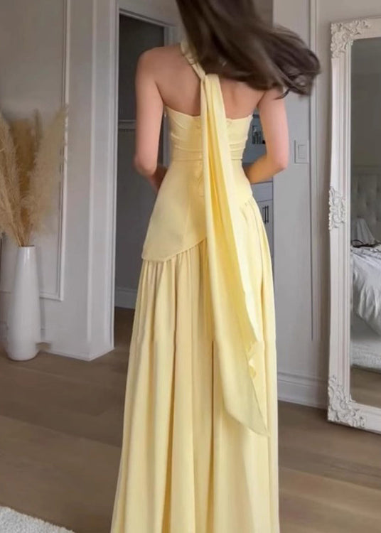 French Yellow Side Open Patchwork Strapless Dress Summer
