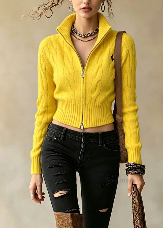 French Yellow Stand Collar Zip Up Embroidered Knit Sweaters Coat Fall