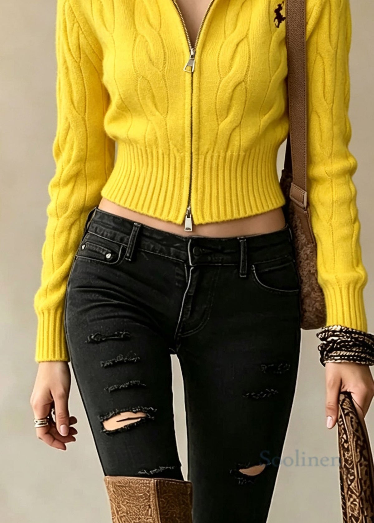 French Yellow Stand Collar Zip Up Embroidered Knit Sweaters Coat Fall