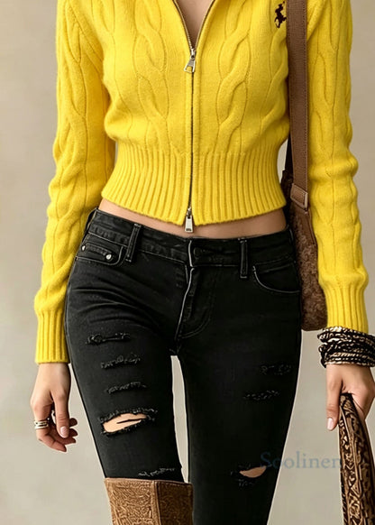 French Yellow Stand Collar Zip Up Embroidered Knit Sweaters Coat Fall