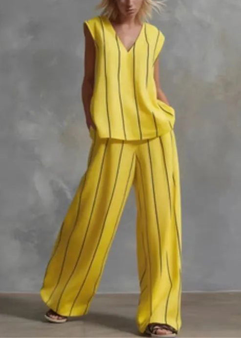 French Yellow Striped V Neck Cotton Two Pieces Set Sleeveless