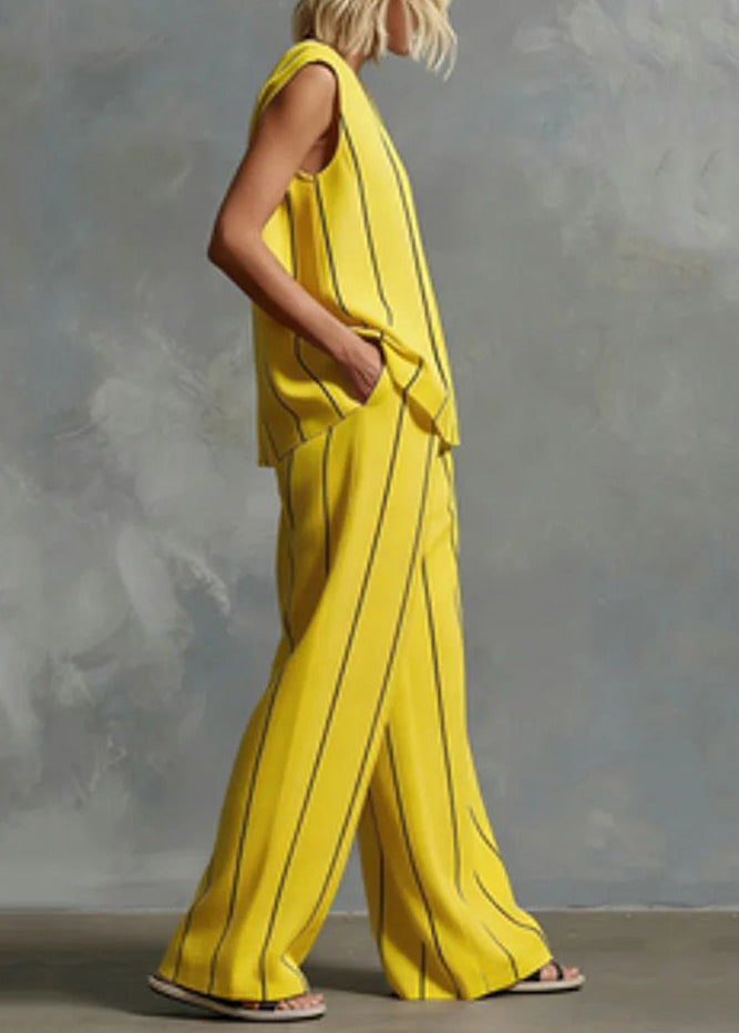French Yellow Striped V Neck Cotton Two Pieces Set Sleeveless