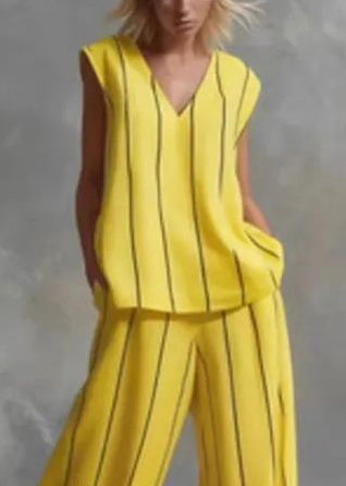French Yellow Striped V Neck Cotton Two Pieces Set Sleeveless