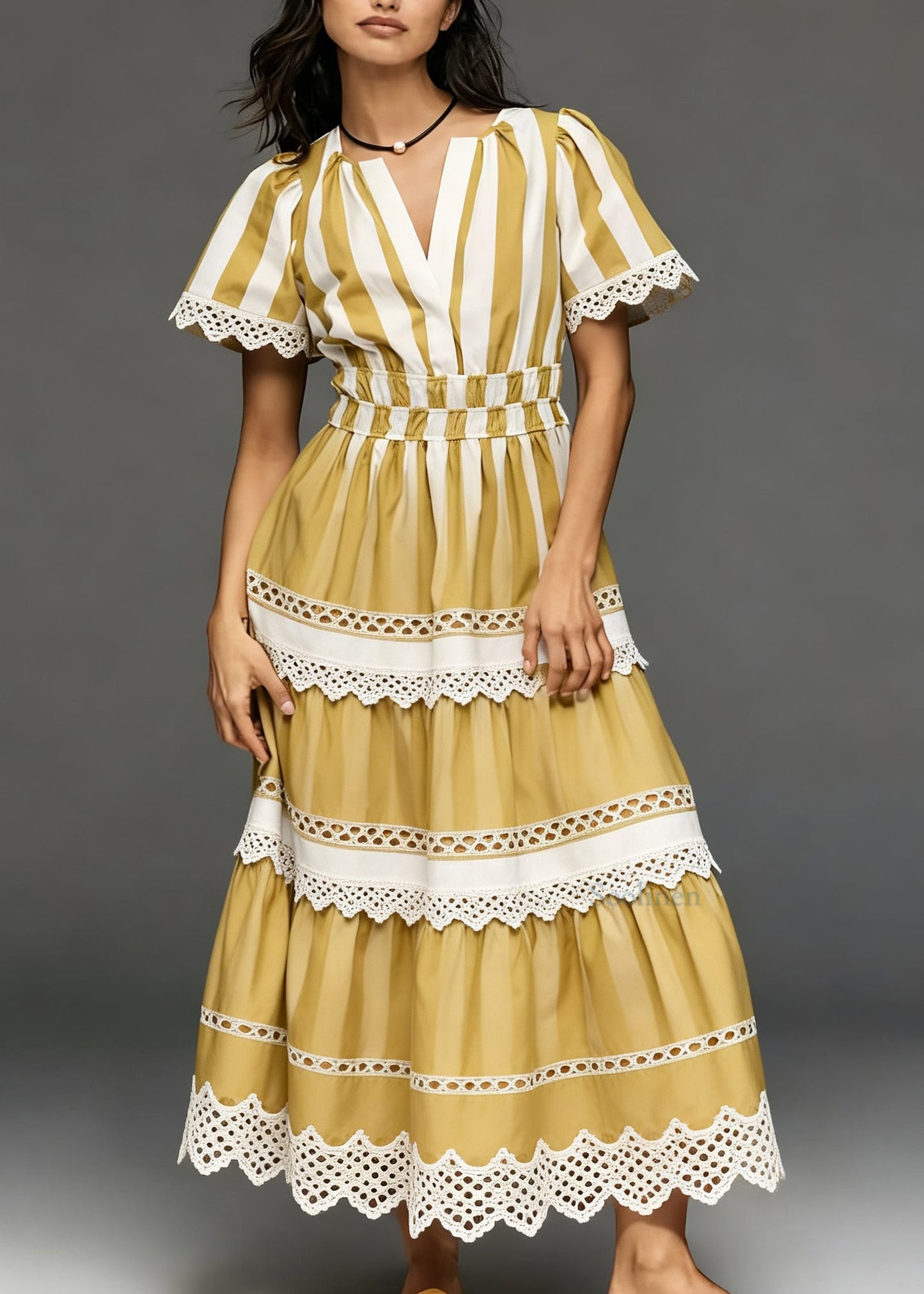 French Yellow V Neck Hollow Out Lace Patchwork Cotton Dress Summer
