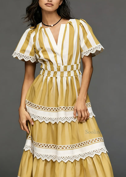 French Yellow V Neck Hollow Out Lace Patchwork Cotton Dress Summer
