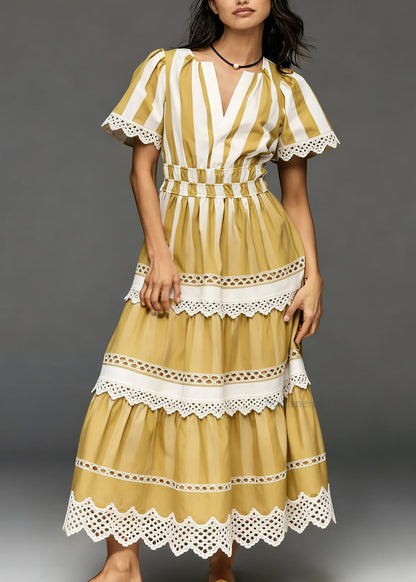 French Yellow V Neck Hollow Out Lace Patchwork Cotton Dress Summer