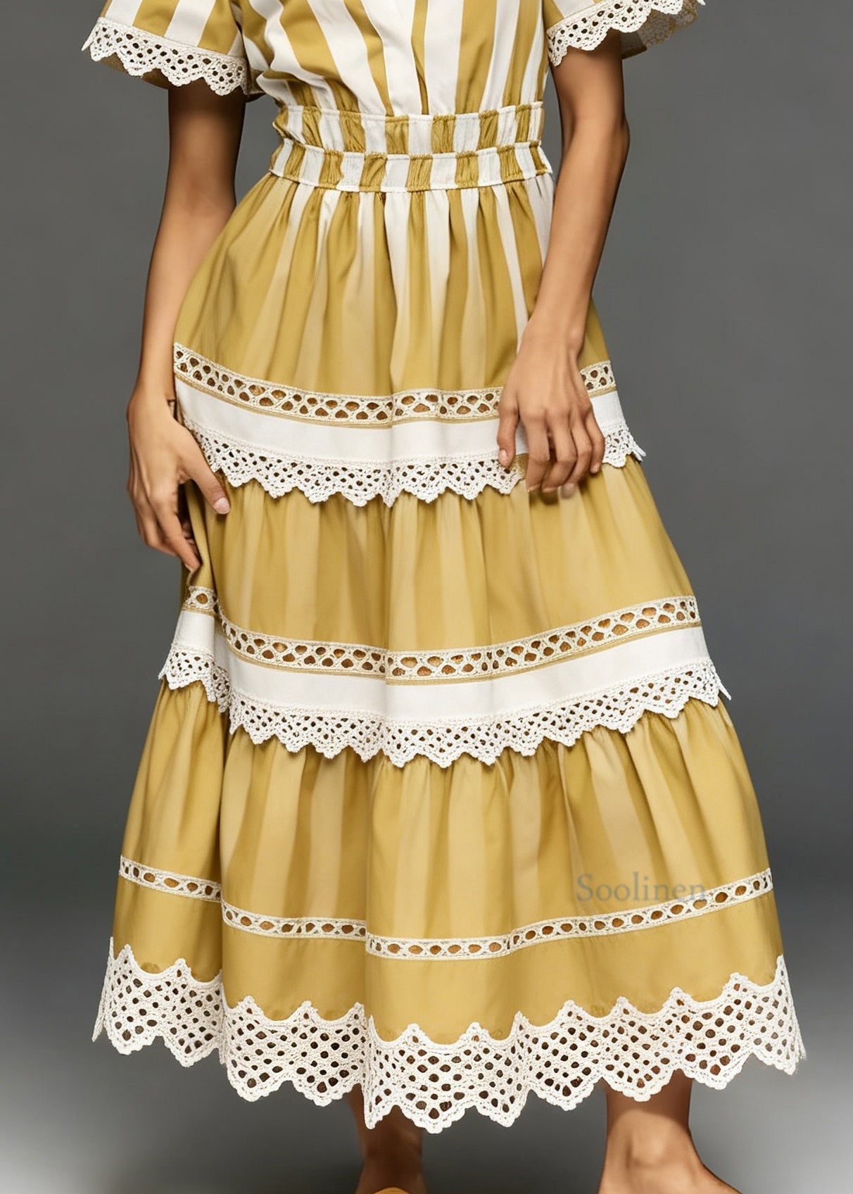 French Yellow V Neck Hollow Out Lace Patchwork Cotton Dress Summer