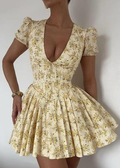 French Yellow V Neck Print Cotton Mini Dress Puff Sleeve