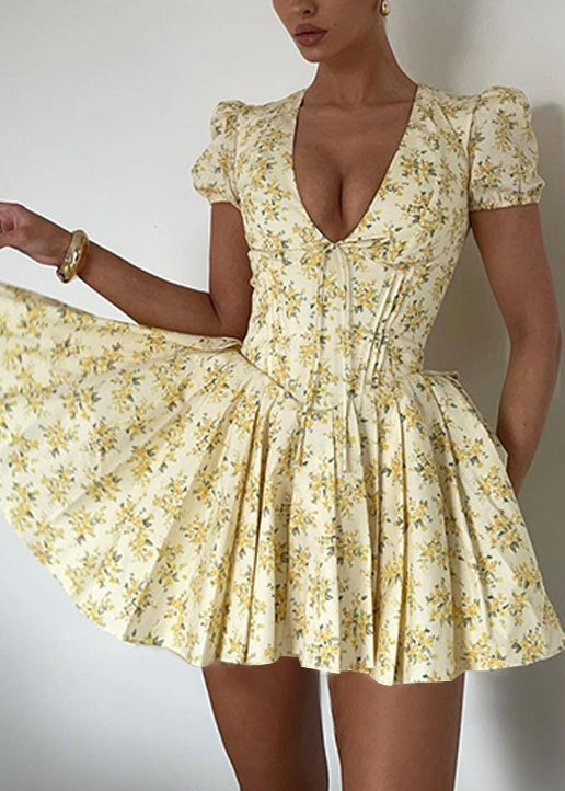 French Yellow V Neck Print Cotton Mini Dress Puff Sleeve