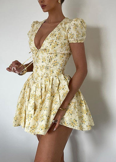 French Yellow V Neck Print Cotton Mini Dress Puff Sleeve