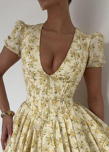 French Yellow V Neck Print Cotton Mini Dress Puff Sleeve