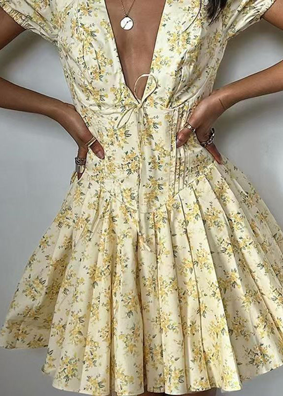 French Yellow V Neck Print Cotton Mini Dress Puff Sleeve