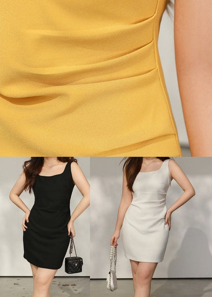 French Yellow Wrinkled Cotton Shift Dresses Summer