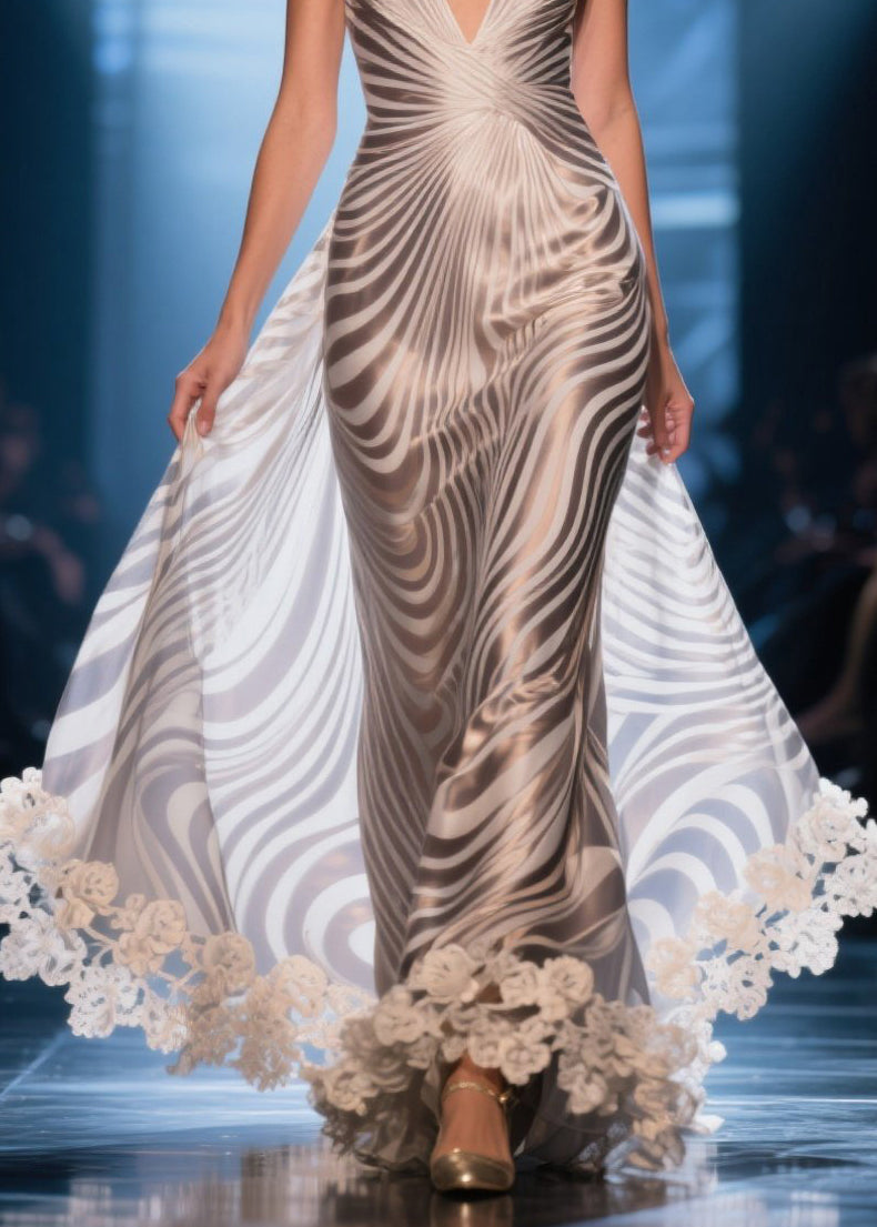 French Zebra Pattern Patchwork Lace Silk Vestidos Dress Summer