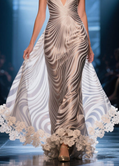 French Zebra Pattern Patchwork Lace Silk Vestidos Dress Summer