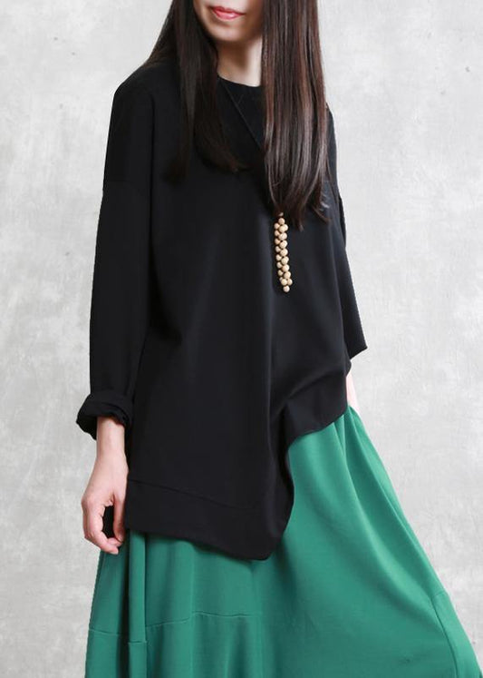 French asymmetric o neck cotton tunic pattern Neckline black top - SooLinen
