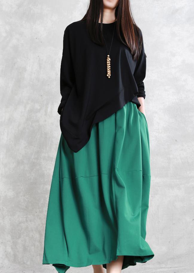 French asymmetric o neck cotton tunic pattern Neckline black top - SooLinen