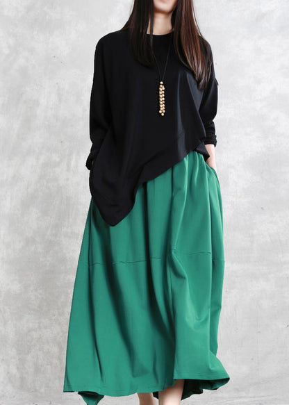 French asymmetric o neck cotton tunic pattern Neckline black top - SooLinen