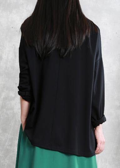 French asymmetric o neck cotton tunic pattern Neckline black top - SooLinen